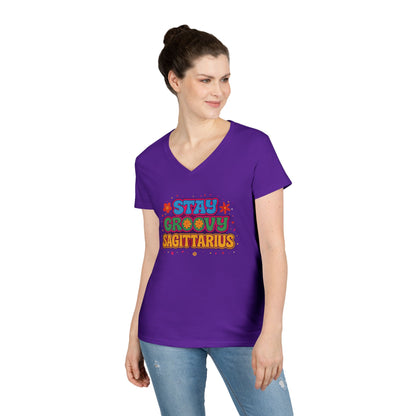 Stay Groovy Sagittarius Women’s V-Neck Tee – Empowering Retro Zodiac Shirt