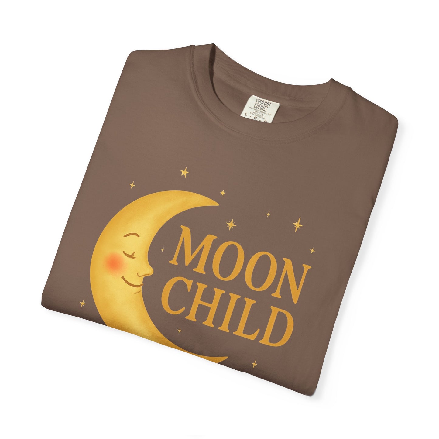 Moon Child Crescent Tee – Vibrant Golden Celestial Comfort Colors 1717 Shirt