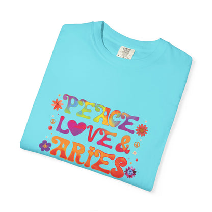 Peace Love & Aries – Colorful Retro Zodiac Tee