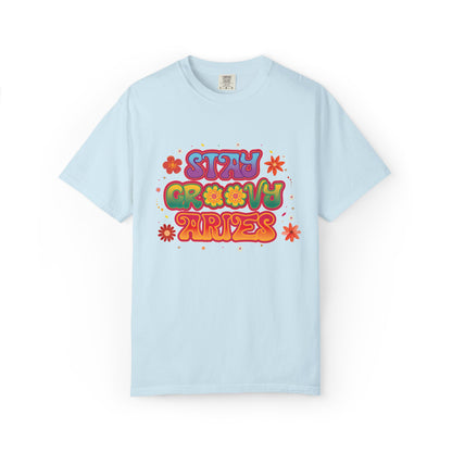 Stay Groovy Aries Tee – Colorful Retro Zodiac Shirt, 70s Flower Power Style