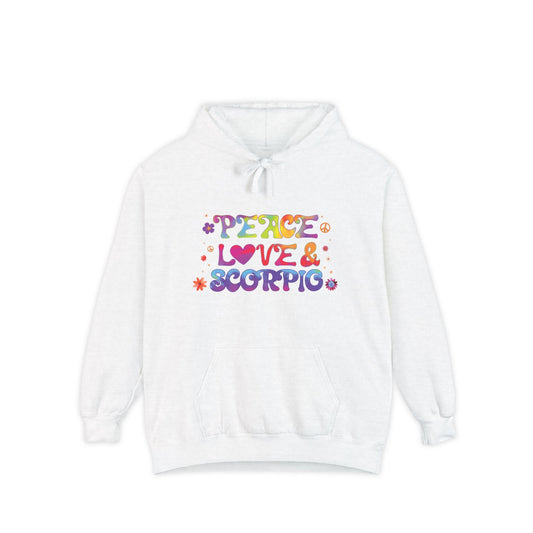 Peace Love & Scorpio Unisex Hoodie – Groovy Retro Comfort Colors Midweight Hoodie