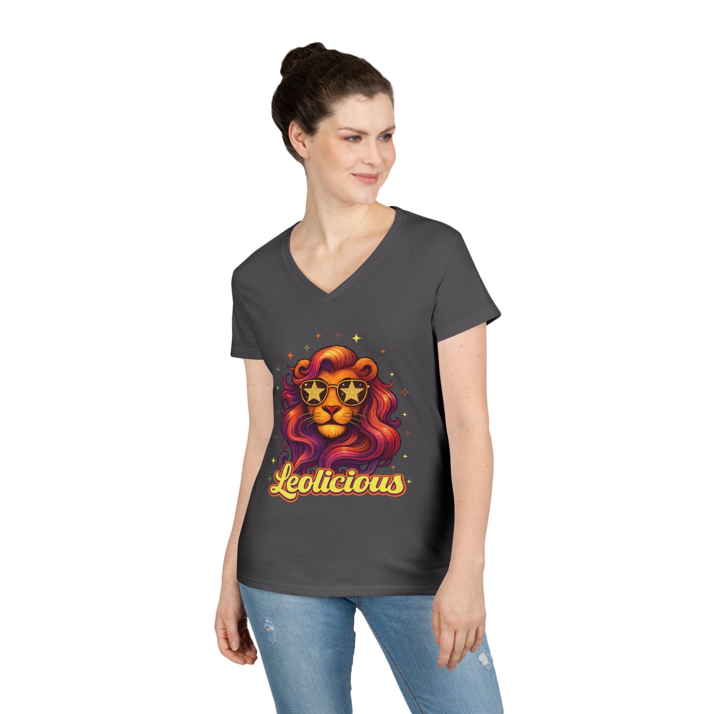 Leolicious Women’s V-Neck Tee – Empowering Retro Lion Zodiac Shirt