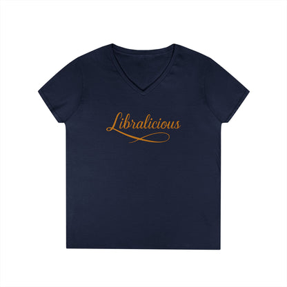 Libralicious Women’s V-Neck Tee – Empowering Retro Zodiac Script Shirt
