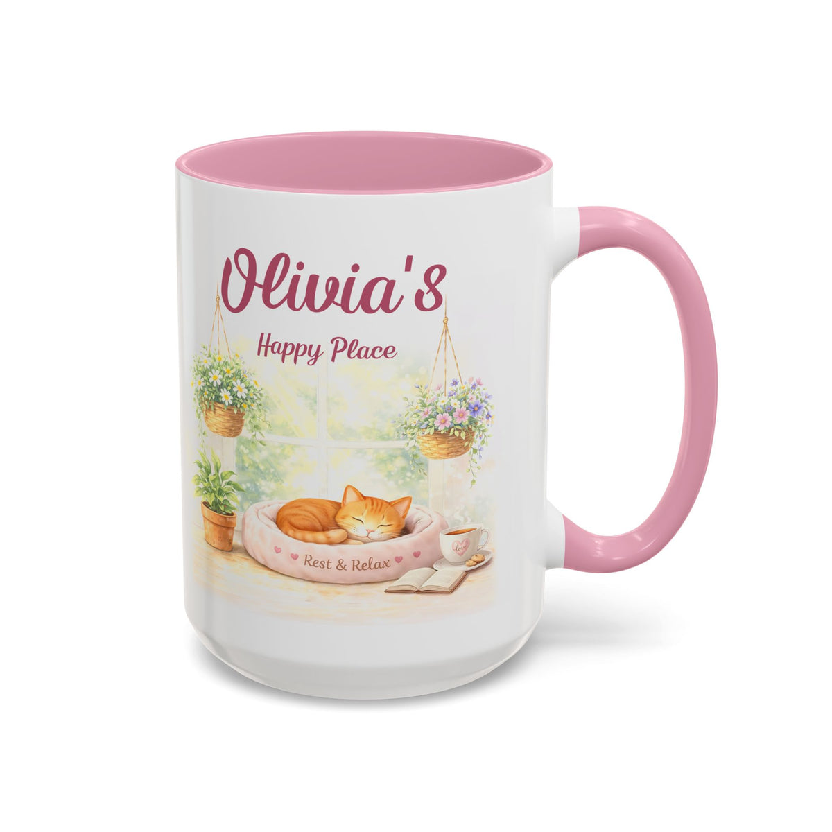 Personalized Cat Coffee Mug, Custom Cat Lover Gift, Cozy Pink Tea Mug, Cute Cat Mom Gift, Relaxing Cat Cup