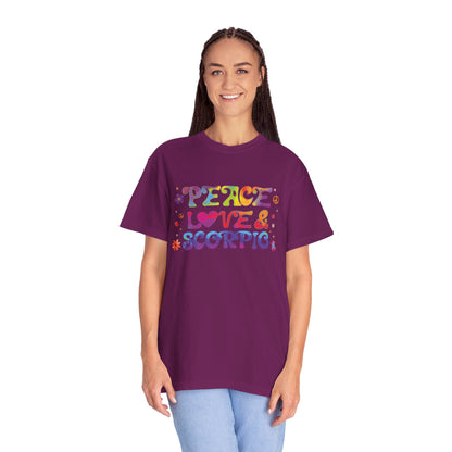 Peace Love & Scorpio Tee – Colorful Retro Zodiac Shirt