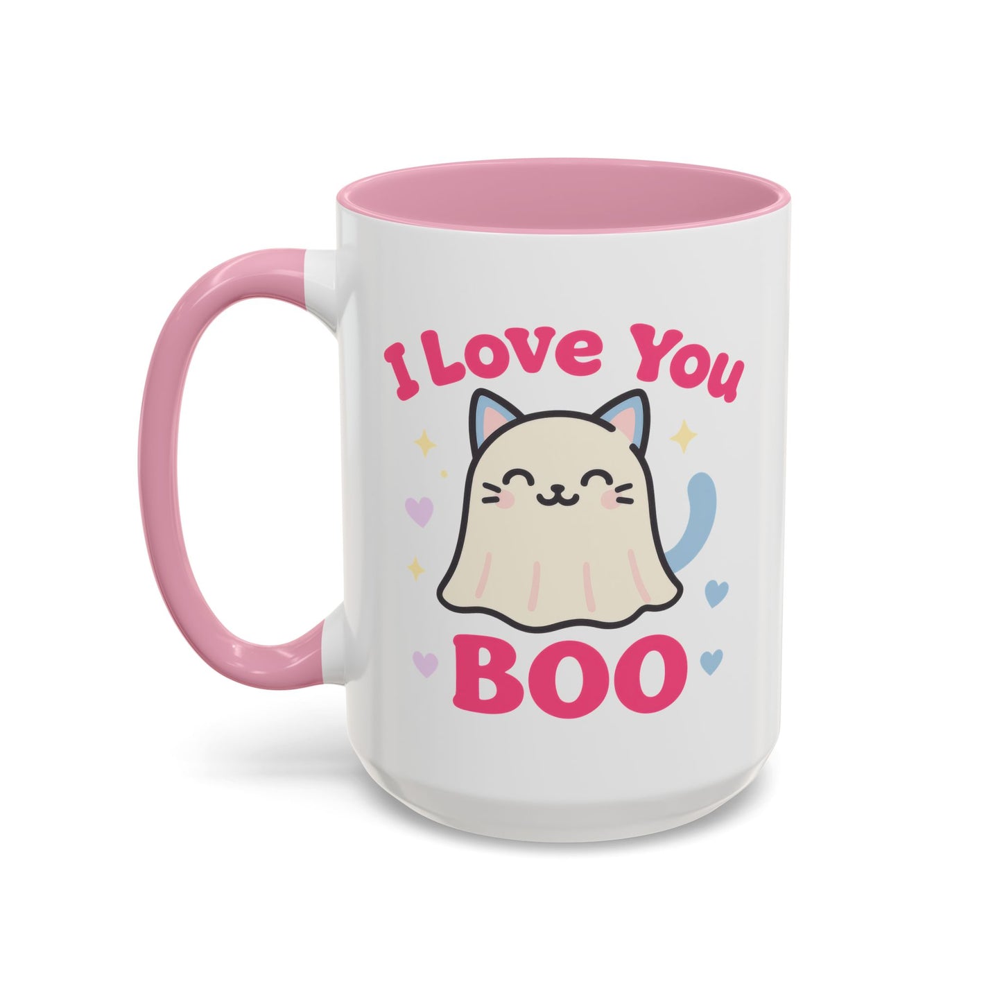 Cute Cat Ghost Mug – Adorable Kitty “I Love You Boo” Mug (Pink Accent (11oz & 15oz)