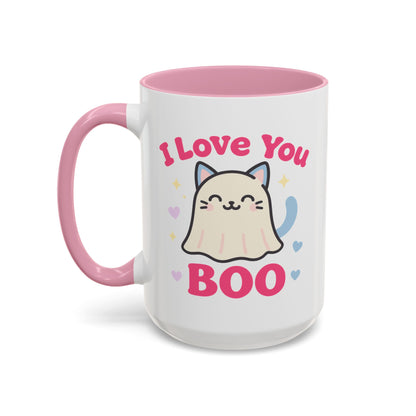 Cute Cat Ghost Mug – Adorable Kitty “I Love You Boo” Mug (Pink Accent (11oz & 15oz)
