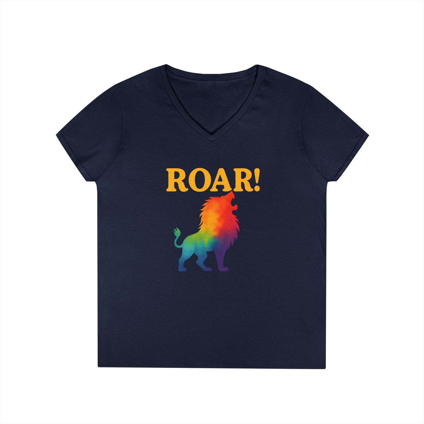Roar Lion Women’s V-Neck Tee – Empowering Rainbow Zodiac Leo Shirt