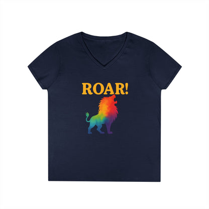 Roar Lion Women’s V-Neck Tee – Empowering Rainbow Zodiac Leo Shirt