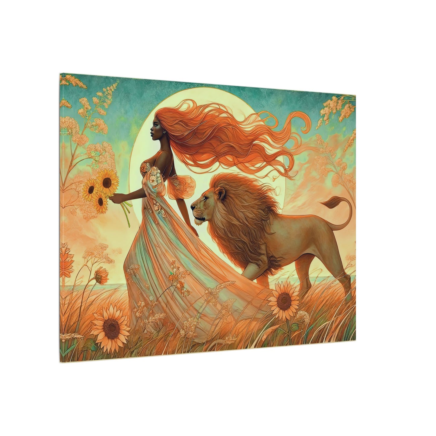 Leo Zodiac Wall Art, Lion Goddess Canvas Print, Astrology Home Decor, Leo Gift for Her, Sunflower Leo Painting, Star Sign Wall Decor