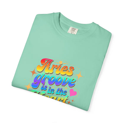 Aries Groove Is in the Heart – Rainbow Retro Zodiac Tee