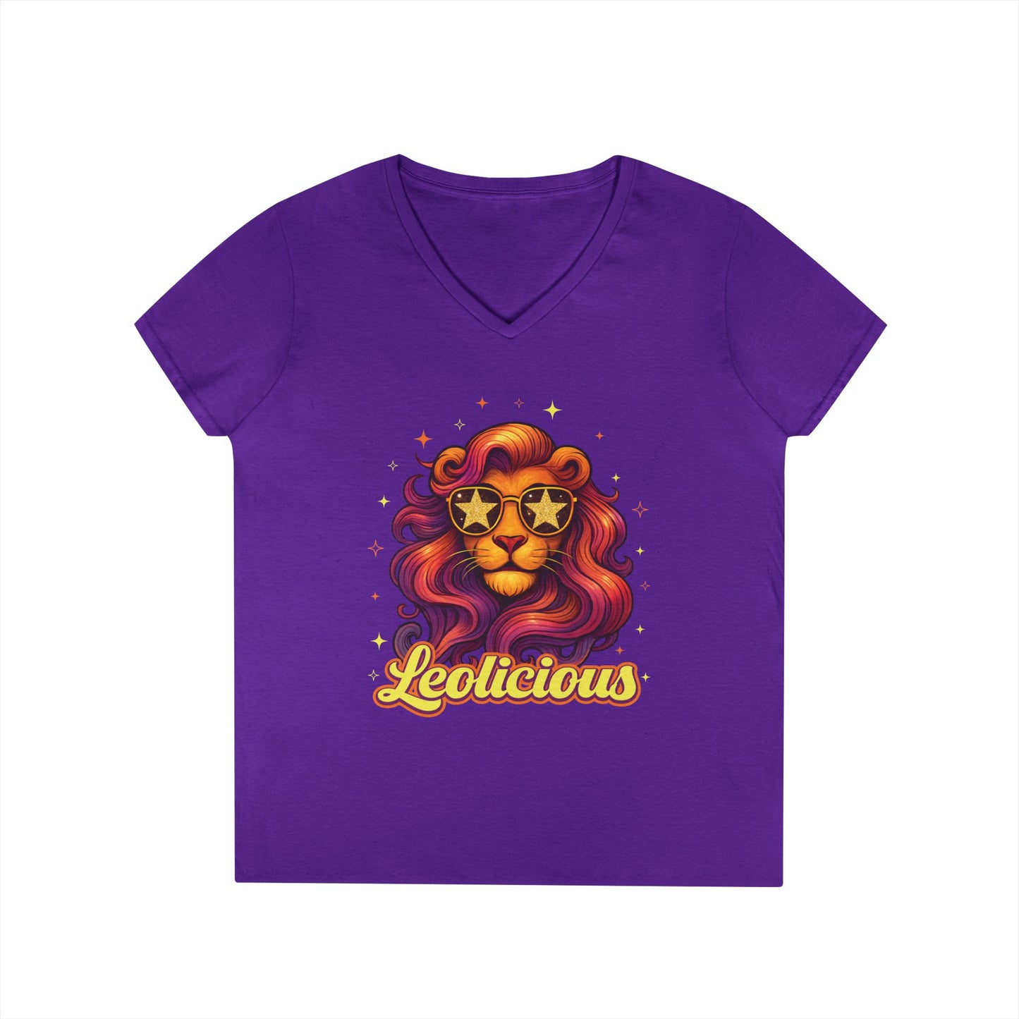 Leolicious Women’s V-Neck Tee – Empowering Retro Lion Zodiac Shirt