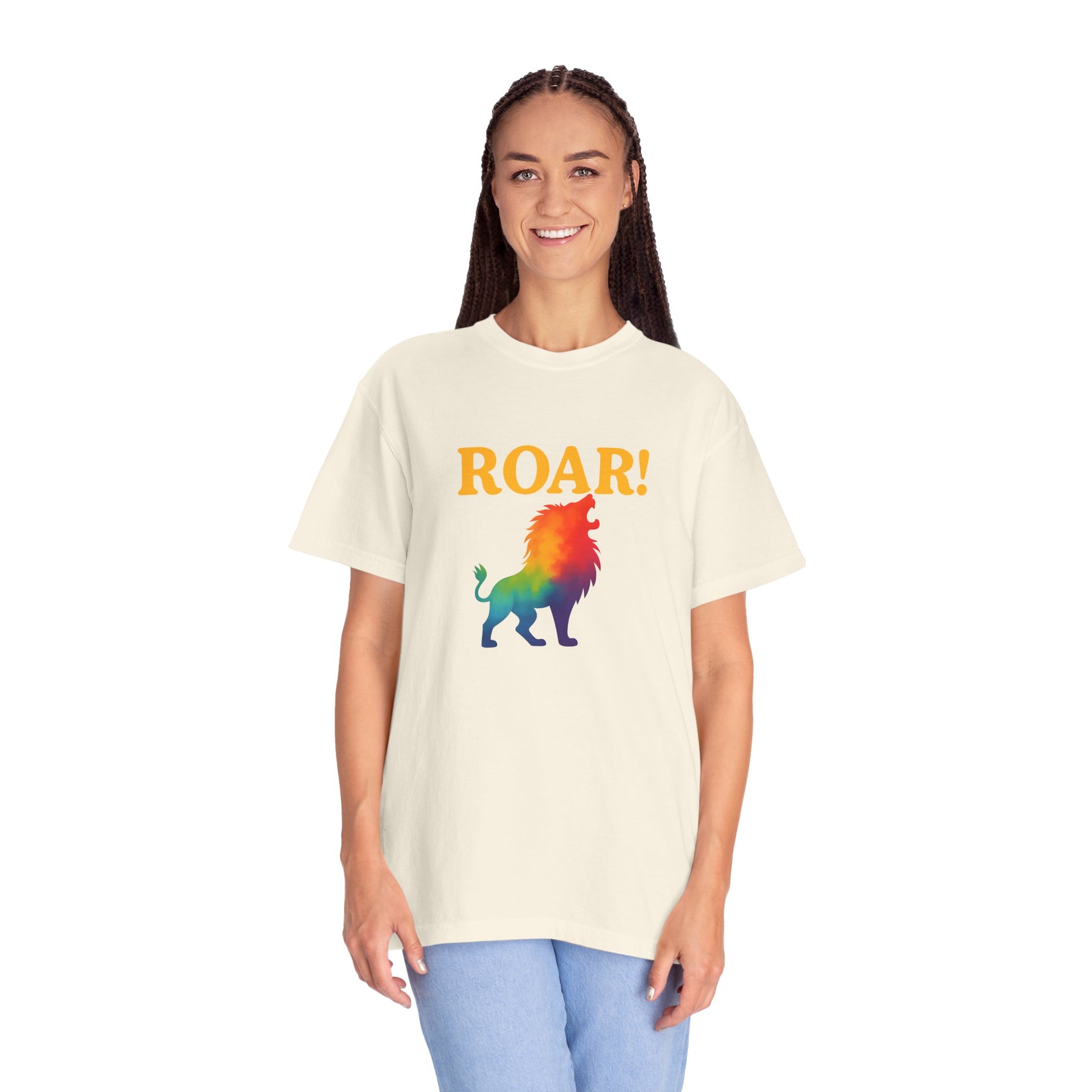 ROAR! – Retro Rainbow Lion Tee for Cosmic Confidence