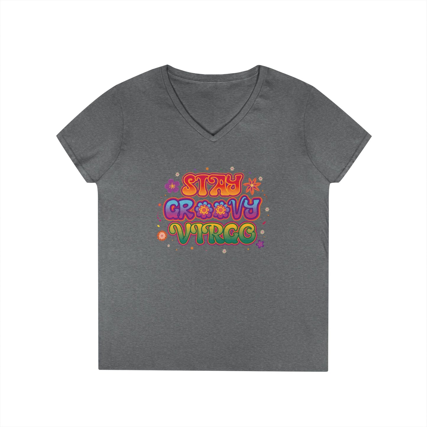 Stay Groovy Virgo Women’s V-Neck Tee – Empowering Retro Colorful Shirt