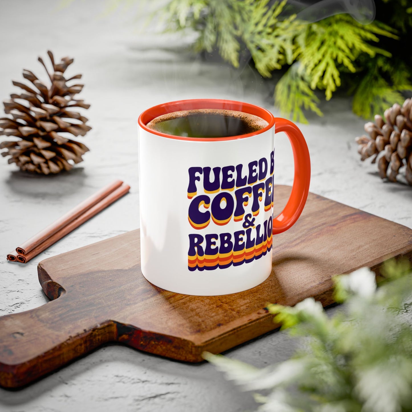 Fueled by Coffee & Rebellion – Funny Retro Mug (Color Accent, 11oz & 15oz)