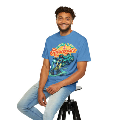 Peace Love & Aquarius – Retro Zodiac Water Bearer Tee