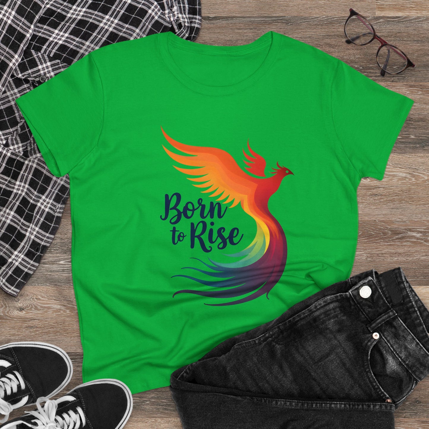 Born to Rise Women’s Crewneck Tee – Empowering Phoenix Colorful Shirt