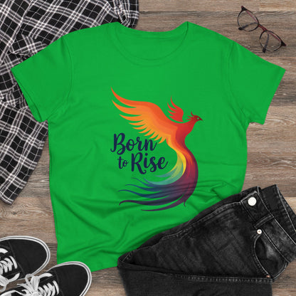 Born to Rise Women’s Crewneck Tee – Empowering Phoenix Colorful Shirt