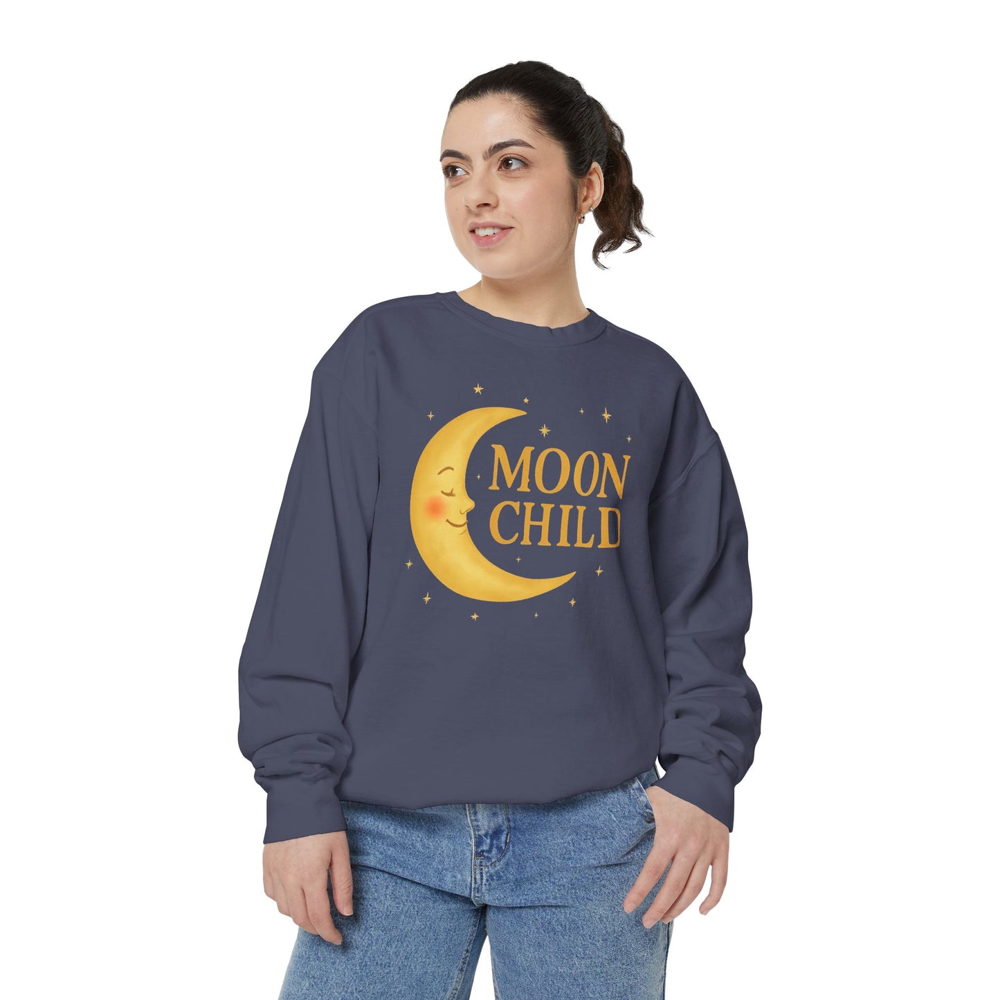 Moon Child Unisex Crewneck – Vibrant Celestial Comfort Colors Midweight Sweatshirt