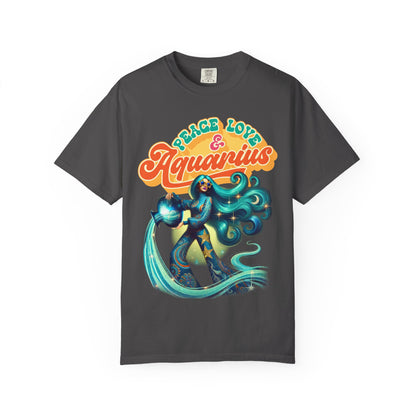 Peace Love & Aquarius – Retro Zodiac Water Bearer Tee