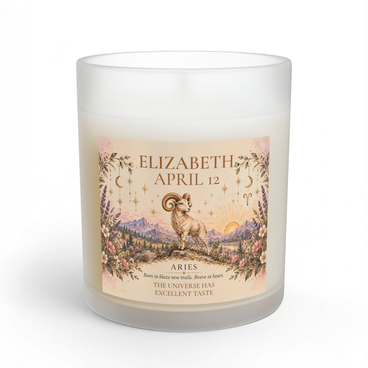 Personalized Aries Zodiac Candle | Whimsical Floral Ram Astrology Gift