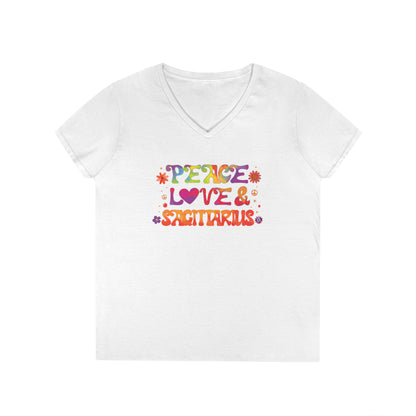 Peace Love Sagittarius Women’s V-Neck Tee – Empowering Retro Zodiac Shirt