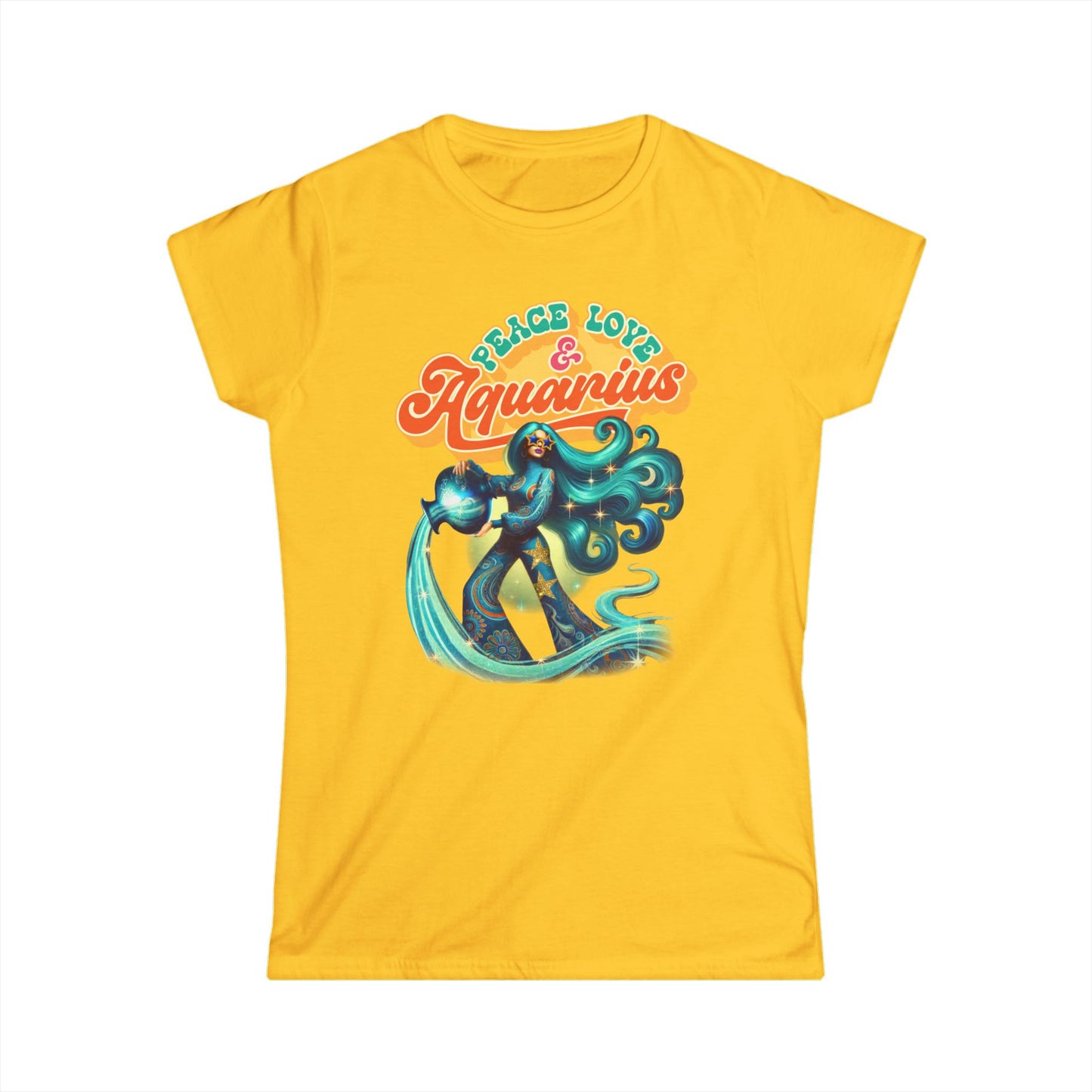 Peace Love Aquarius Women’s Softstyle Tee – Empowering Retro Zodiac Shirt