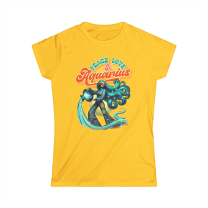 Peace Love Aquarius Women’s Softstyle Tee – Empowering Retro Zodiac Shirt