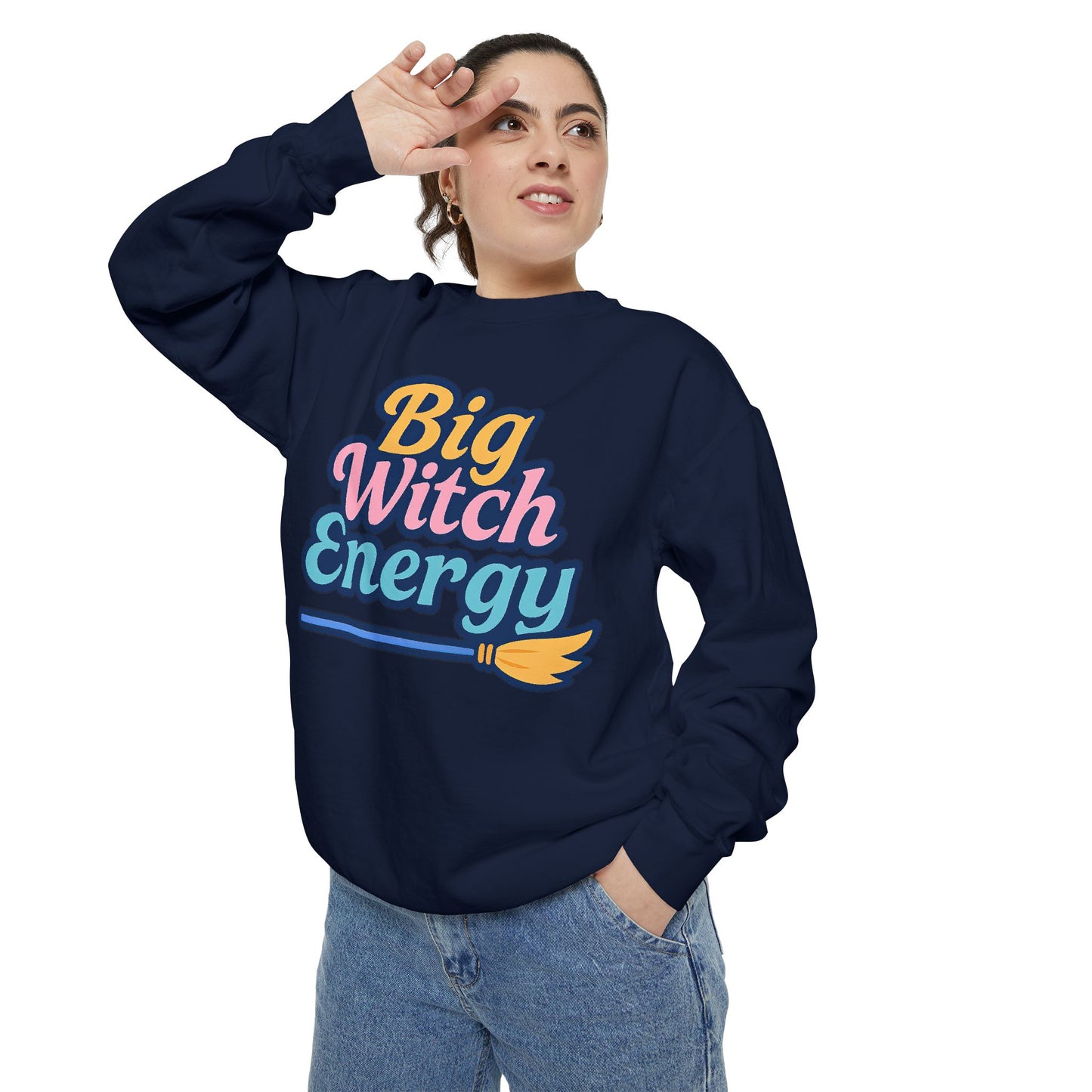 Big Witch Energy Sweatshirt – Colorful Pastel Broom Pullover
