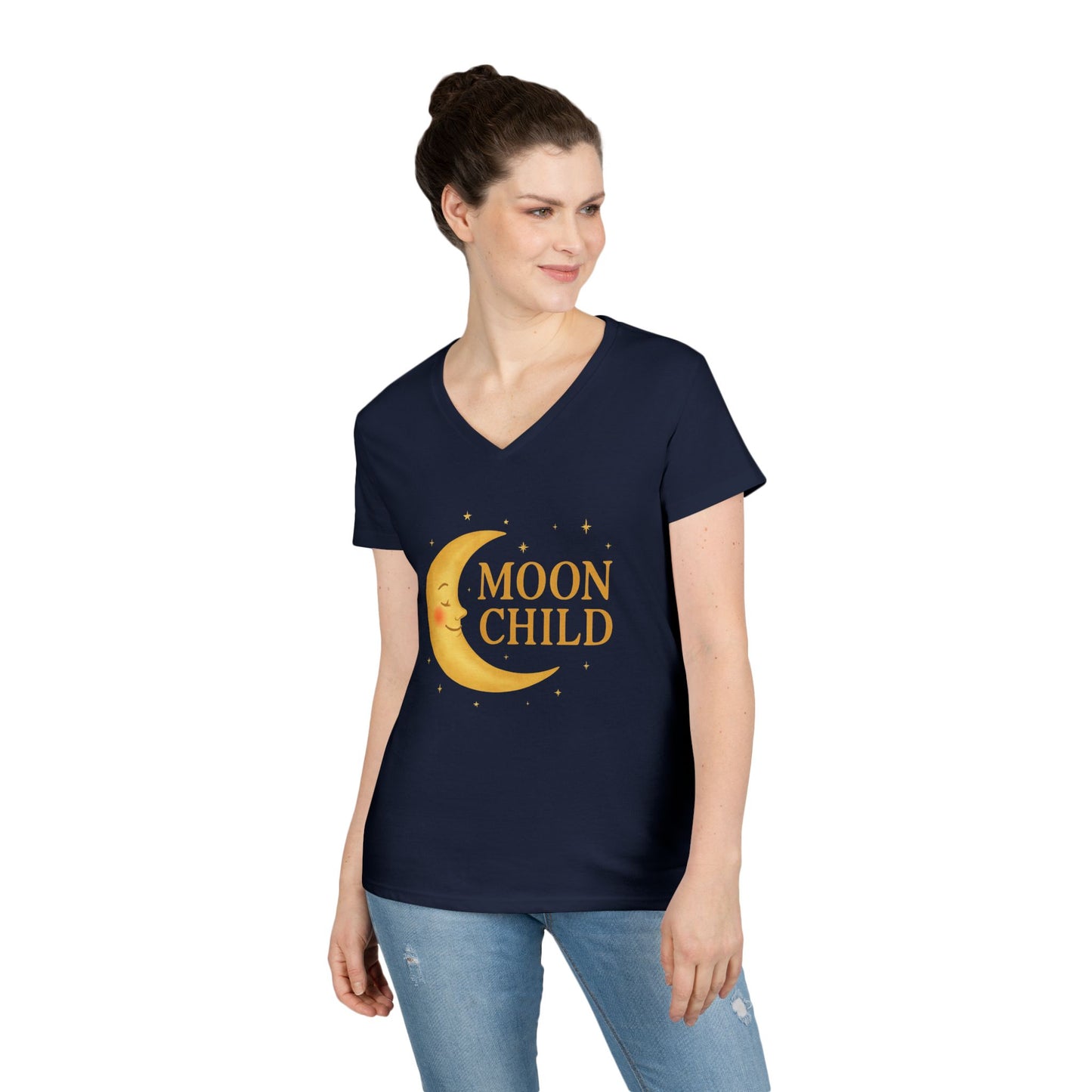 Moon Child Women’s V-Neck Tee – Empowering Celestial Lunar Zodiac Shirt