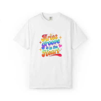Aries Groove Is in the Heart – Rainbow Retro Zodiac Tee