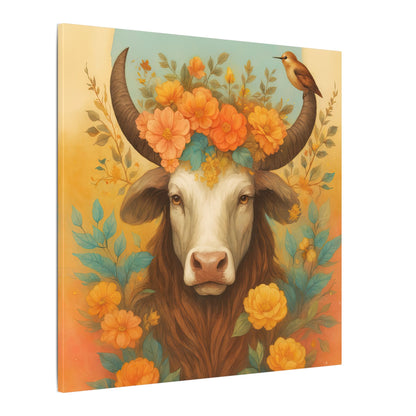 Bull with Bird – Floral Serenity Wall Art (Taurus Inspired), Square