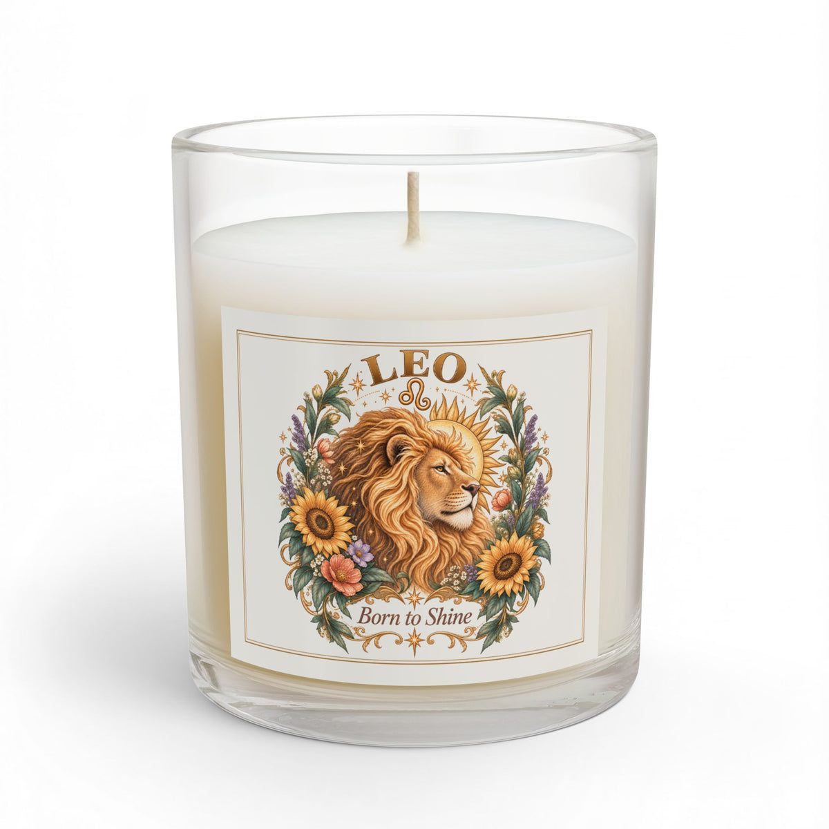 Majestic Lion Leo Zodiac Glass and Frosted Candle 11oz with Sunflowers & Celestial Florals