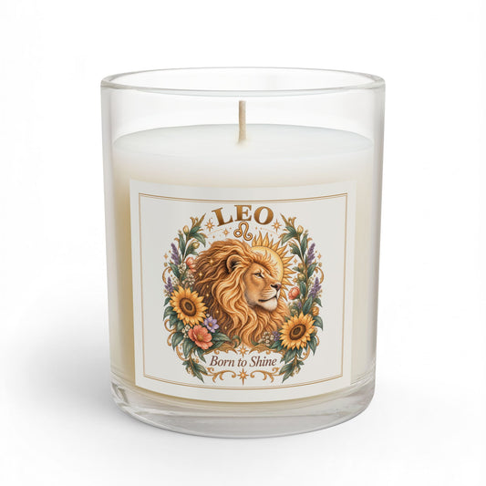 Majestic Lion Leo Zodiac Glass and Frosted Candle 11oz with Sunflowers & Celestial Florals