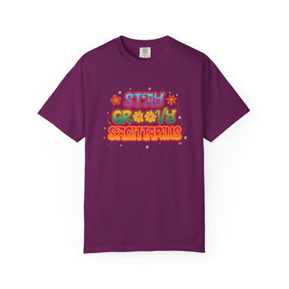 Stay Groovy Sagittarius – Retro Zodiac Flower Power Tee