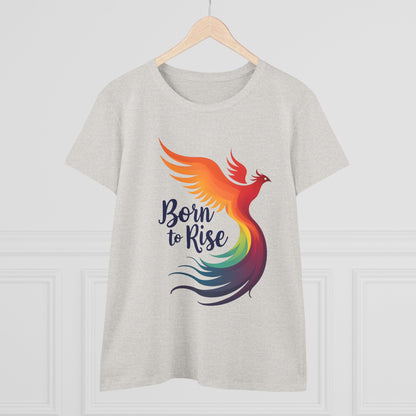 Born to Rise Women’s Crewneck Tee – Empowering Phoenix Colorful Shirt