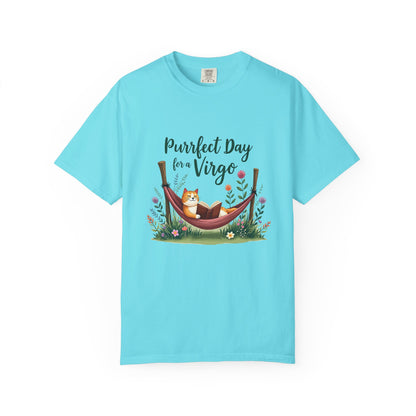 Purrfect Day for a Virgo – Cozy Cat & Hammock Zodiac Tee