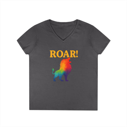 Roar Lion Women’s V-Neck Tee – Empowering Rainbow Zodiac Leo Shirt