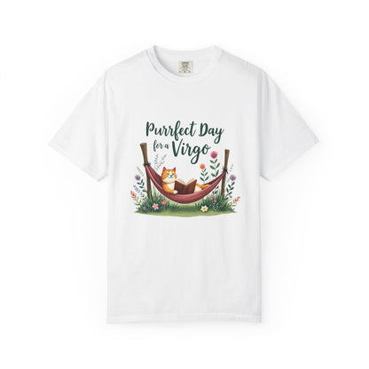 Purrfect Day for a Virgo – Cozy Cat & Hammock Zodiac Tee