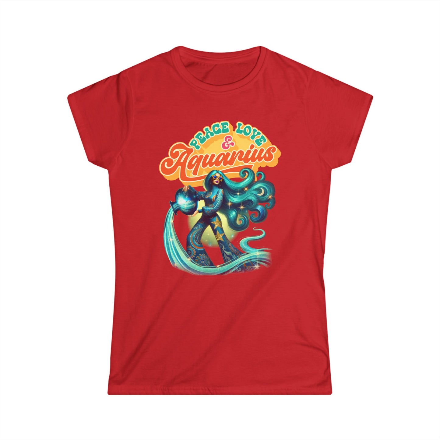 Peace Love Aquarius Women’s Softstyle Tee – Empowering Retro Zodiac Shirt