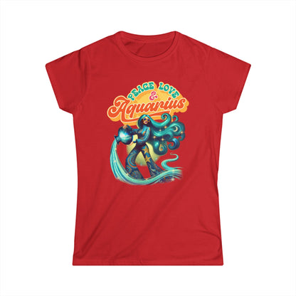 Peace Love Aquarius Women’s Softstyle Tee – Empowering Retro Zodiac Shirt