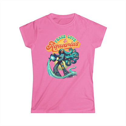 Peace Love Aquarius Women’s Softstyle Tee – Empowering Retro Zodiac Shirt