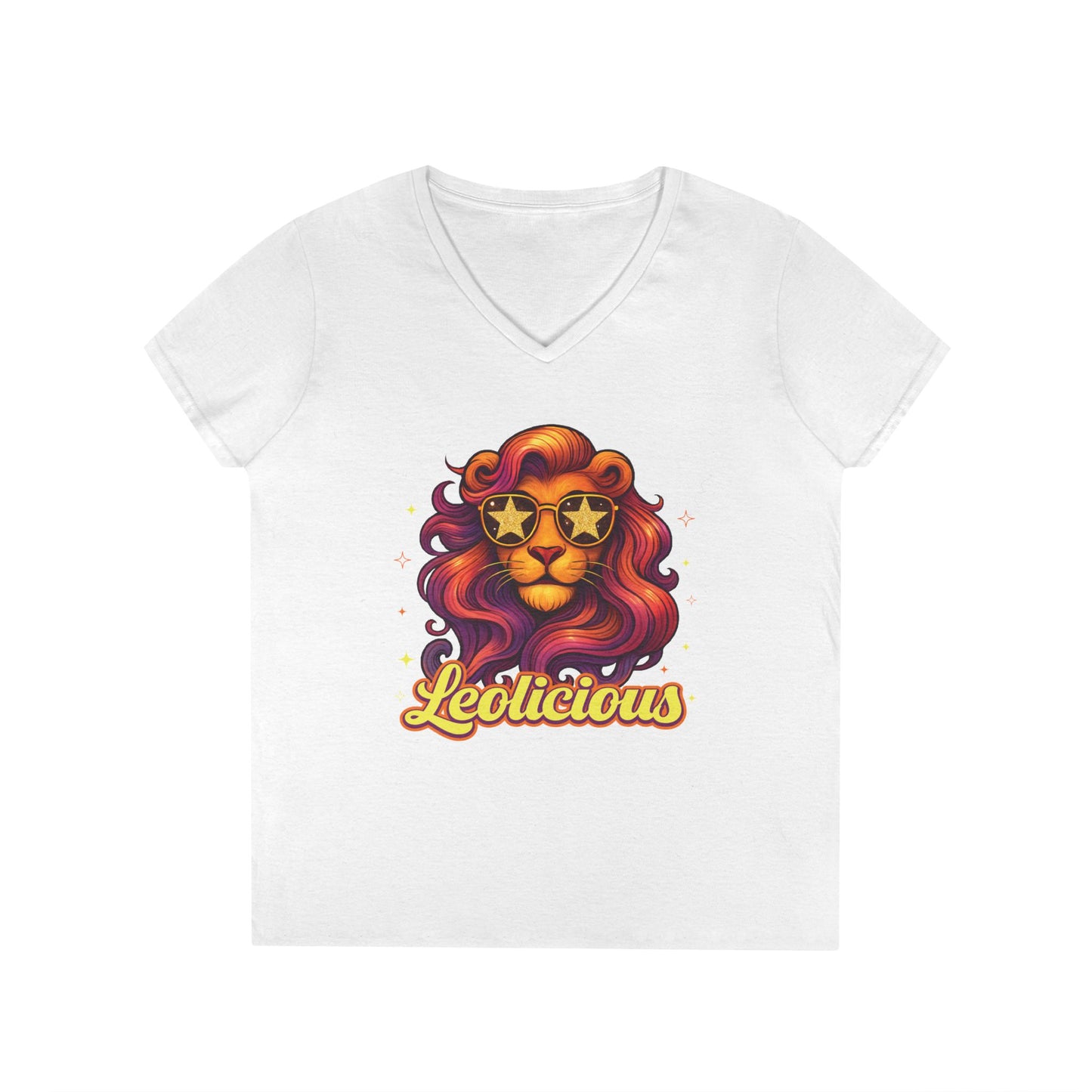 Leolicious Women’s V-Neck Tee – Empowering Retro Lion Zodiac Shirt