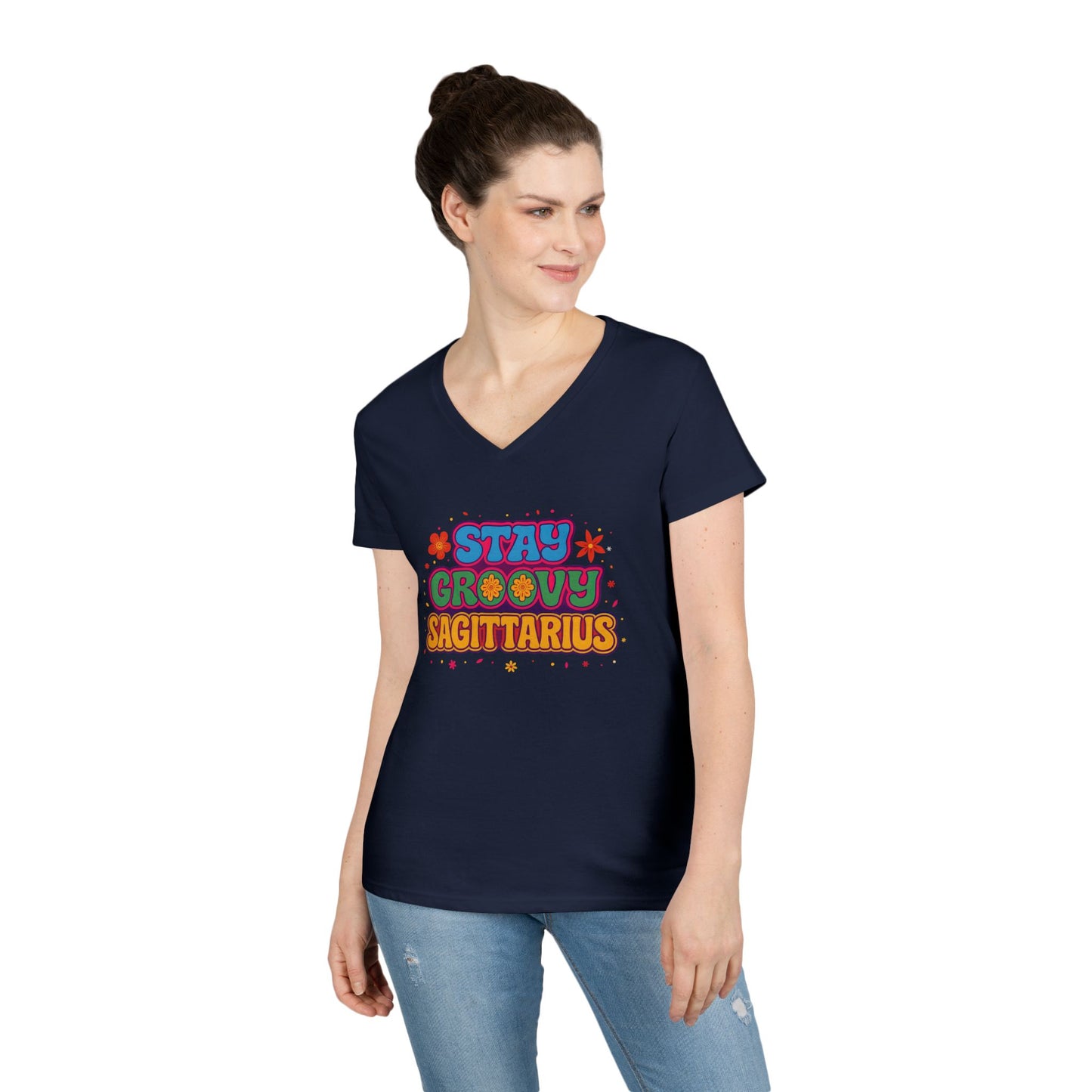 Stay Groovy Sagittarius Women’s V-Neck Tee – Empowering Retro Zodiac Shirt