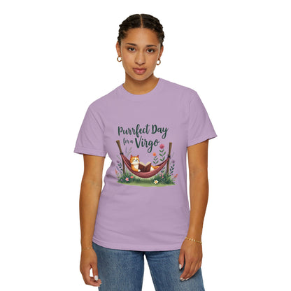 Purrfect Day for a Virgo – Cozy Cat & Hammock Zodiac Tee