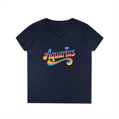 Retro Aquarius Women's V-Neck Tee – Empowering Colorful Zodiac Shirt