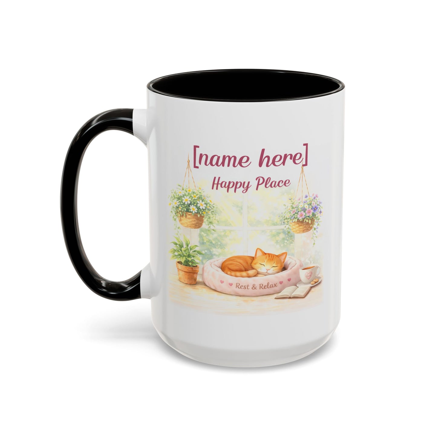Personalized Name Cat Mug - Custom "Happy Place" Ceramic Mug for Cat Lovers