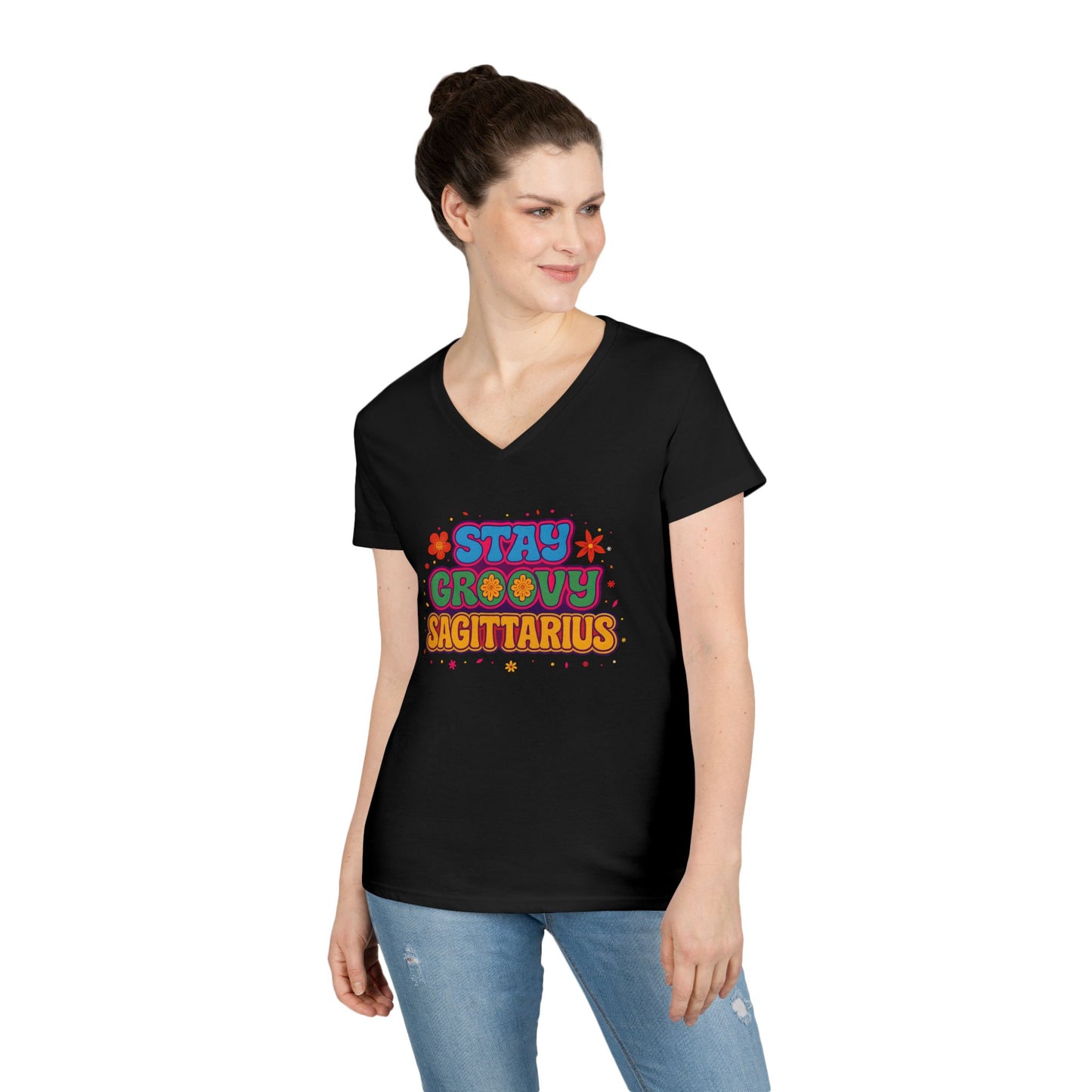 Stay Groovy Sagittarius Women’s V-Neck Tee – Empowering Retro Zodiac Shirt