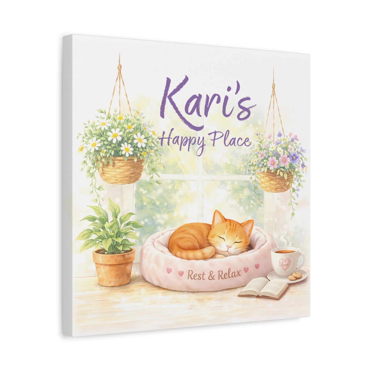 Personalized Cat Canvas Print - "Kari's Happy Place" Cozy Pet Wall Art