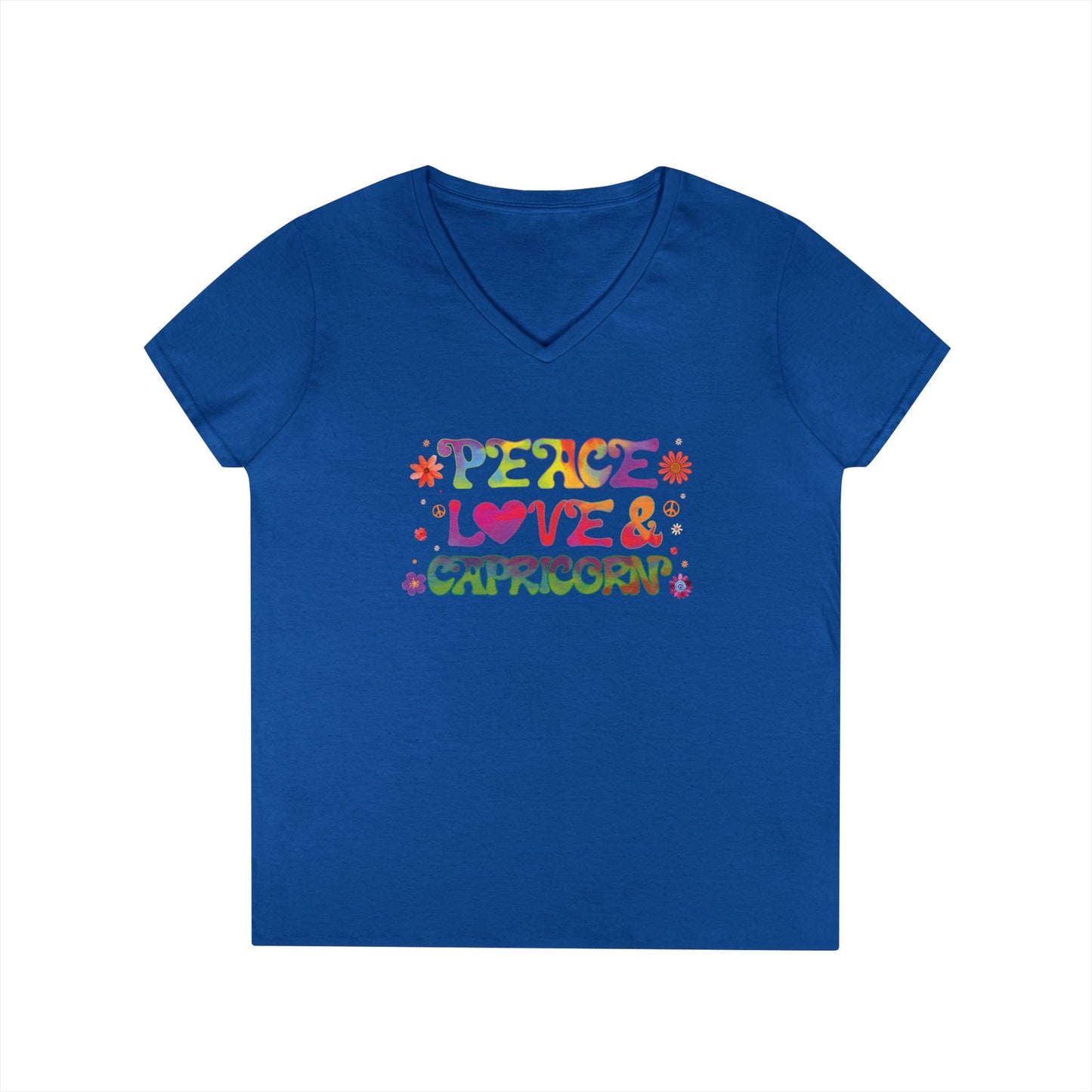 Peace Love Capricorn Women’s V-Neck Tee – Empowering Retro Zodiac Shirt